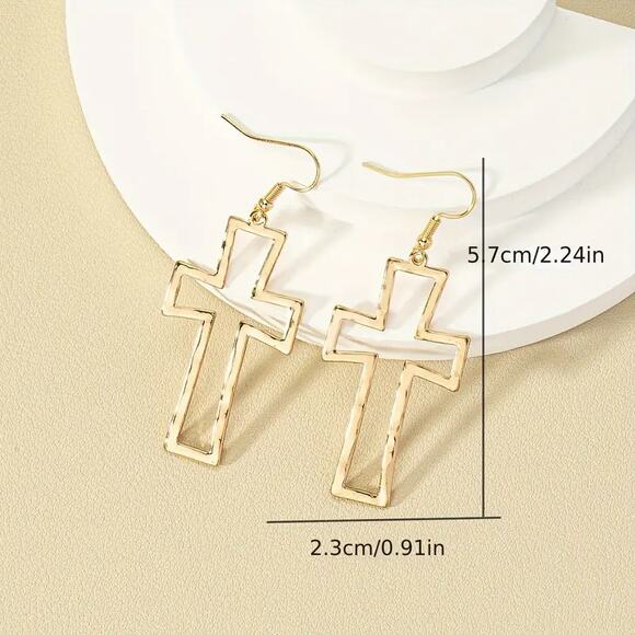 NEW Gold Hollow Cross Dangle Earrings – Vintage Boho Style Jewelry - Picture 2 of 3